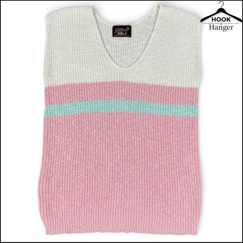 Vintage 80s Gillor Allie Knit Sweater Vest M Pink White Pastel Stripe USA Tennis